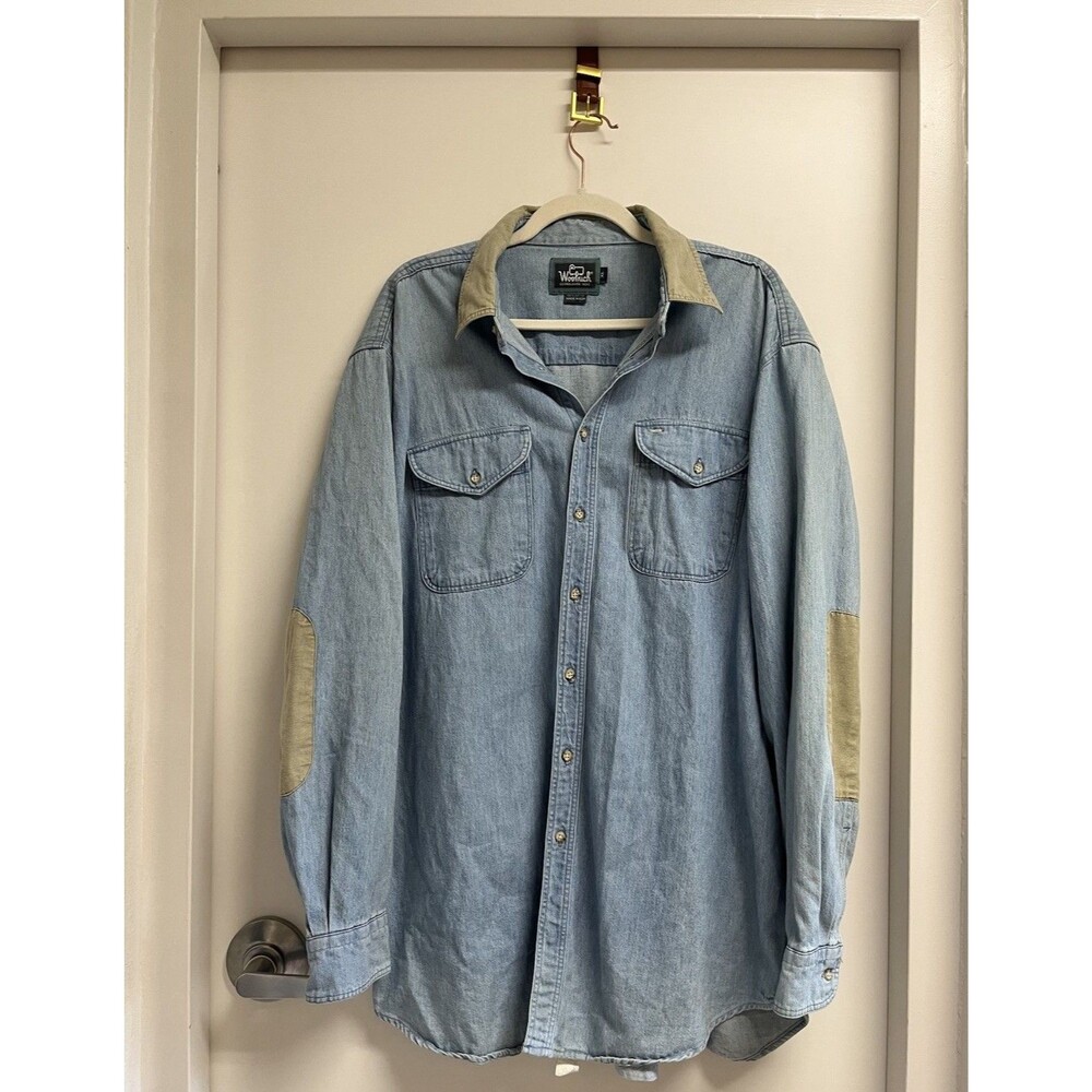 Vintage 90s Woolrich Denim Shirt Mens XL USA Made Canvas Collar Elbow Patches
